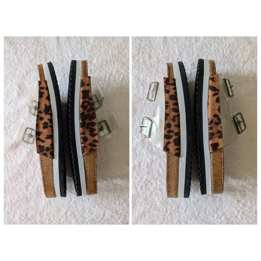 BOUTIQUE by Corkys Leopard Platform Sandals Clear Double Buckle Cork Slides